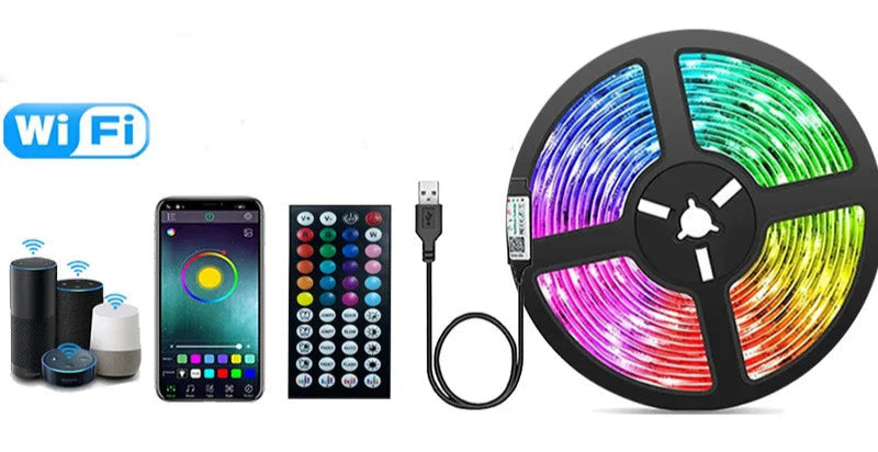 Rouleau de ruban LED multicolore avec télécommande, compatible WiFi pour un éclairage interactif et personnalisable