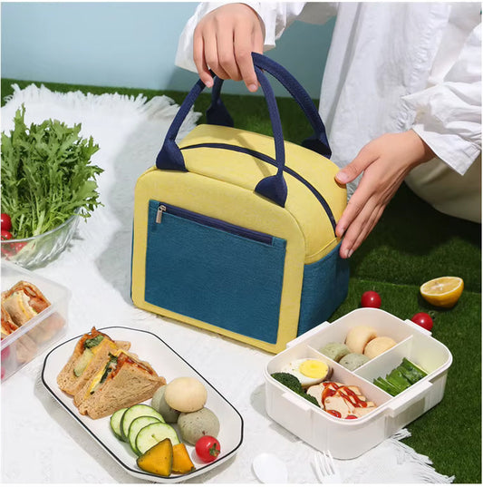 Sac isotherme enfants en jaune et bleu avec poignées, parfait pour les repas en plein air et les pique-niques