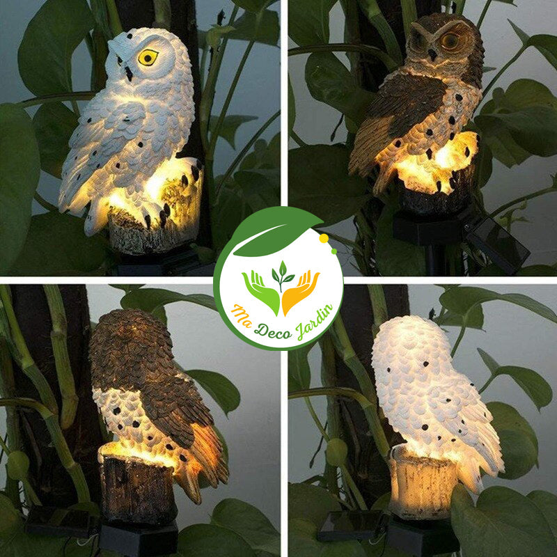 Lampe LED solaire extérieure en forme de chouette, illuminant votre jardin avec une douce lumière ambiante