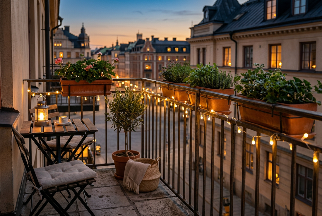 Petit balcon au crépuscule avec une guirlande lumineuse sur le garde-corps, des jardinières et une lanterne sur la table.
