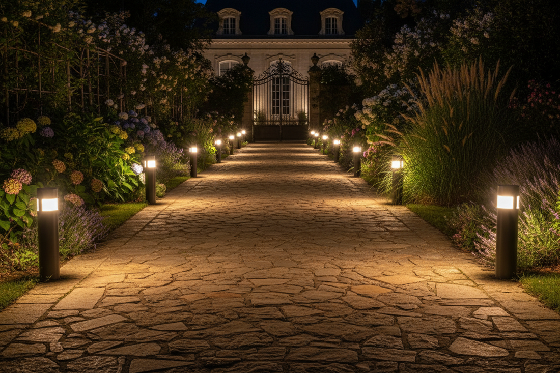allée de jardin éclairée la nuit avec bornes LED – balisage chaleureux 2700K