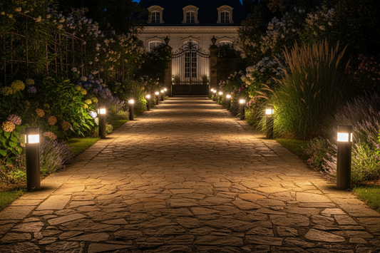 allée de jardin éclairée la nuit avec bornes LED – balisage chaleureux 2700K