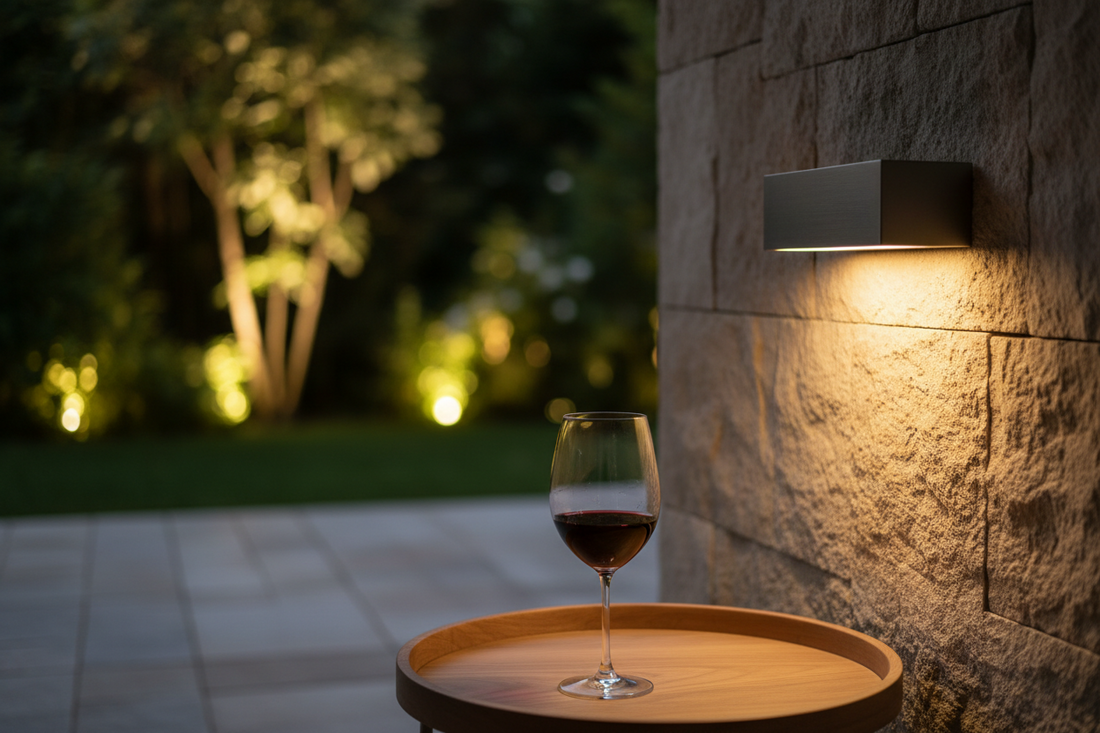 terrasse 20 m² éclairée en soirée applique murale LED 2700K ambiance chaleureuse – MaDecoJardin