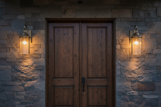 Applique murale LED design installée sur un mur en pierre à côté d'une porte d'entrée, lumière dorée