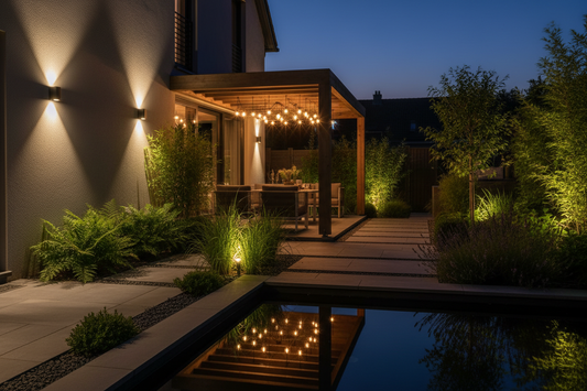 éclairage de jardin moderne – façade, pergola et massifs illuminés la nuit