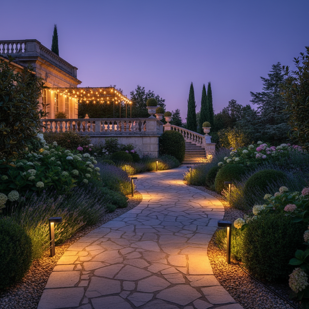 Allée de jardin balisée par des bornes solaires LED au crépuscule – éclairage périmètre sécurité