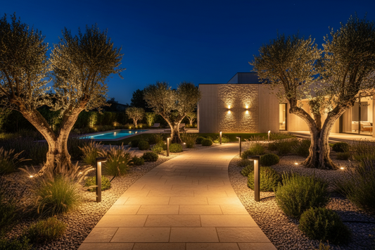 eclairage extérieur par zone – bornes LED allée spots accent oliviers applique façade jardin nuit