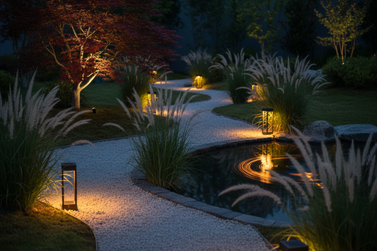 Éclairage de jardin zen avec lanternes solaires et spots LED discrets – ambiance apaisante et lumière chaude 2200K