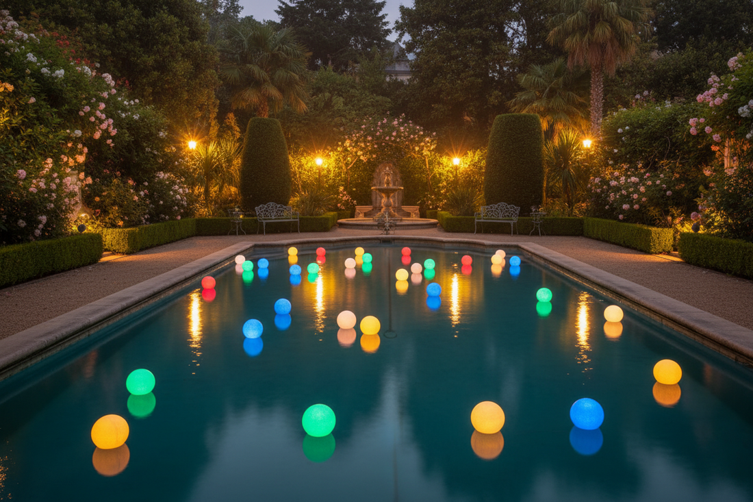 Piscine de jardin illuminée la nuit avec des lampes flottantes LED colorées, reflets bleus et dorés sur l'eau, végétation luxuriante autour.