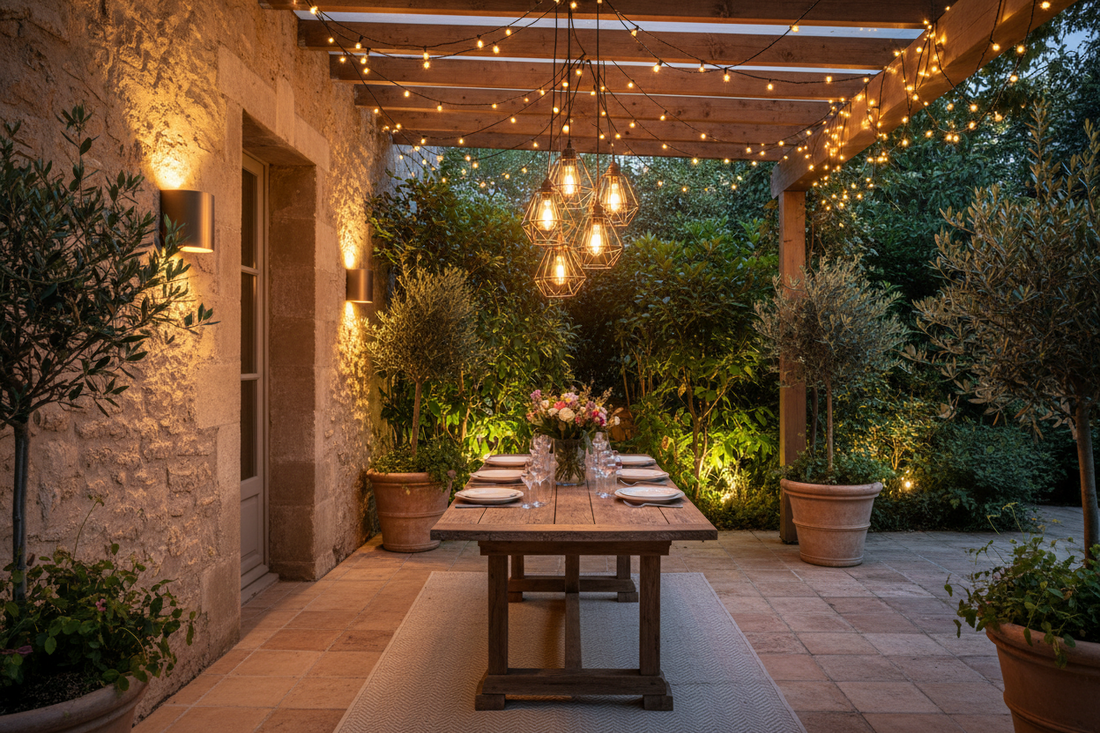 éclairage terrasse couverte – suspension LED appliques murales guirlande ambiance chaleureuse