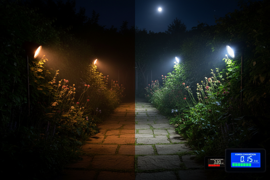 Consommation éclairage extérieur – comparatif halogène énergivore vs LED basse consommation jardin
