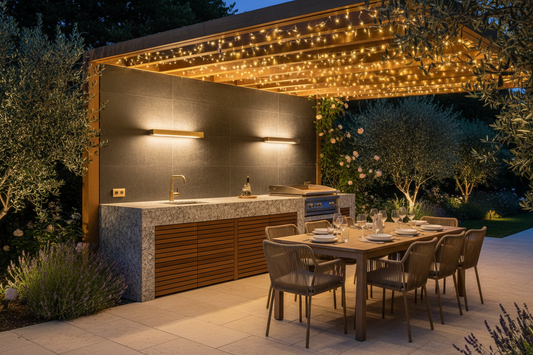 cuisine extérieure éclairée la nuit – appliques LED, pergola et table illuminées
