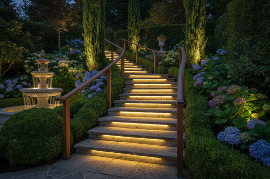 escalier extérieur en pierre éclairé la nuit par spots LED encastrables dans les contremarches – lumière chaude 2700K