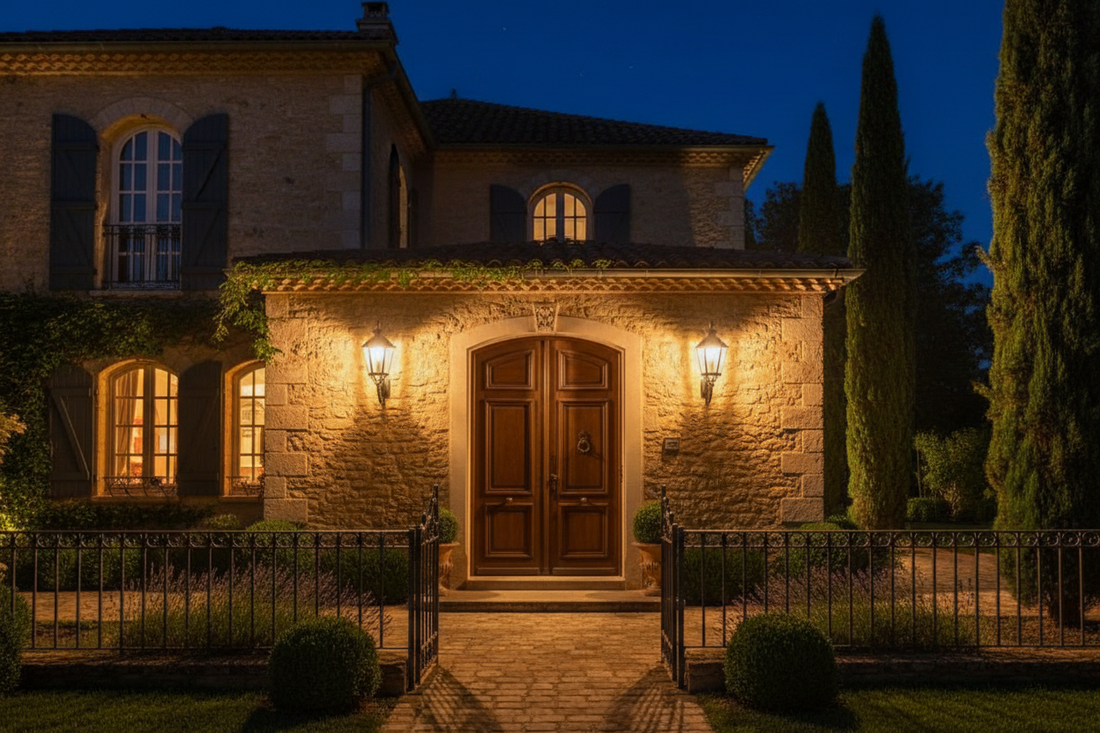 façade de maison éclairée la nuit par deux appliques murales 2700K de part et d’autre de la porte d’entrée – lumière chaleureuse