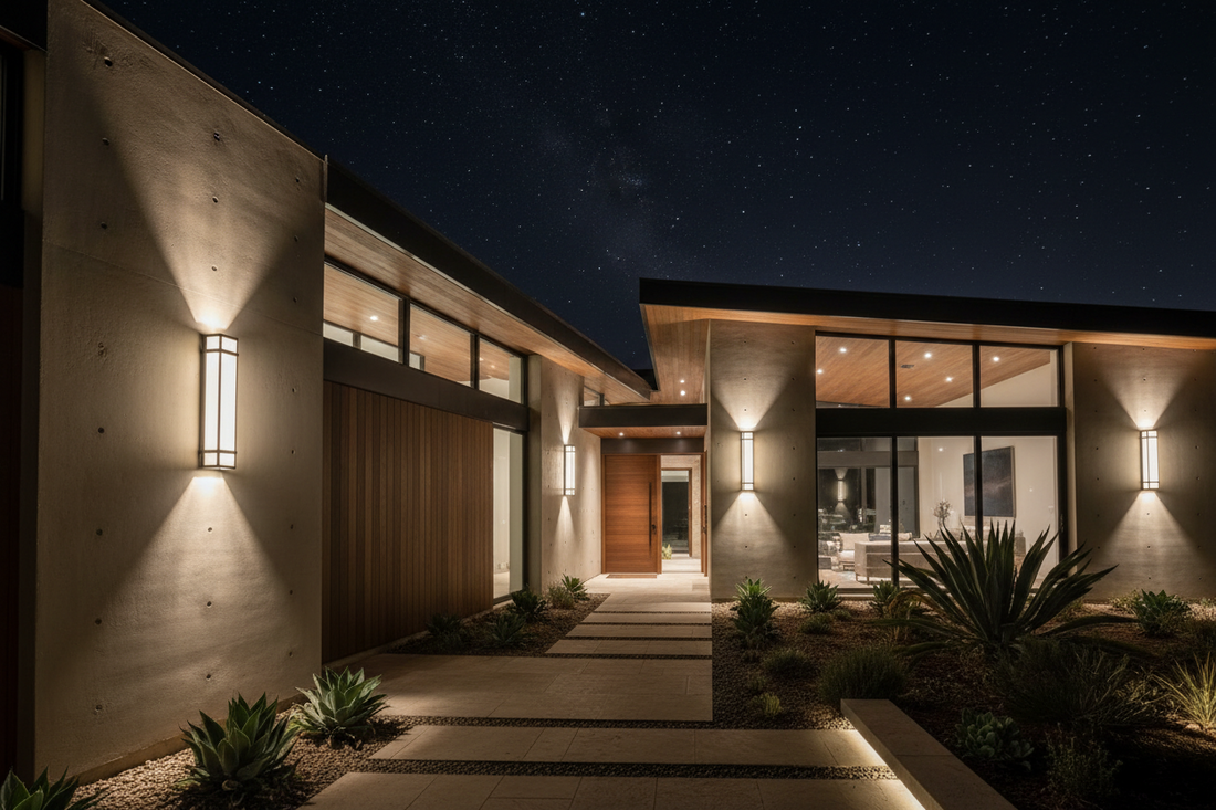 Bornes solaires lumineuses le long d'une allée en pierre dans un jardin moderne la nuit