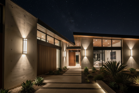 Bornes solaires lumineuses le long d'une allée en pierre dans un jardin moderne la nuit