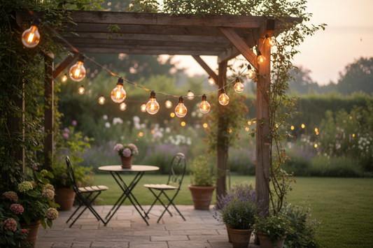 Guirlande guinguette solaire suspendue sous une pergola en bois, lumière dorée au crépuscule, jardin français chaleureux.