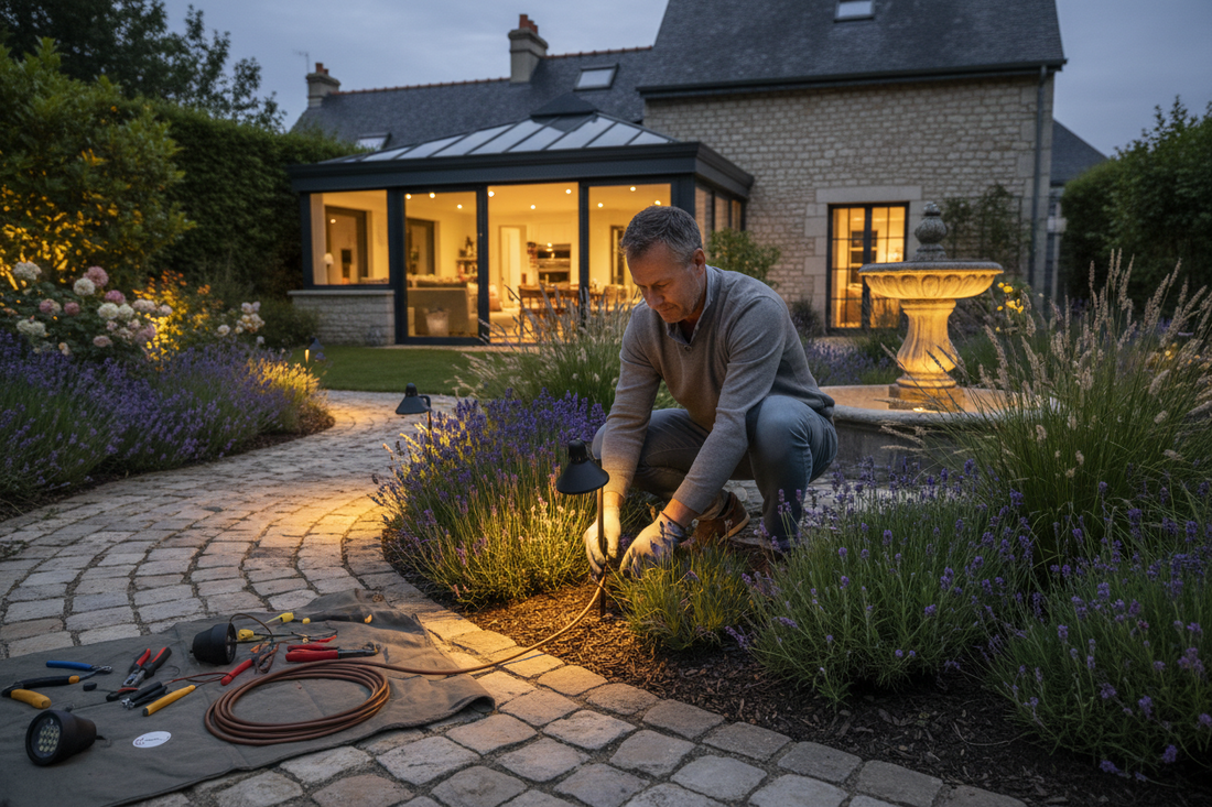 Installation éclairage basse tension extérieur 12V – spots LED massifs câble allée jardin DIY
