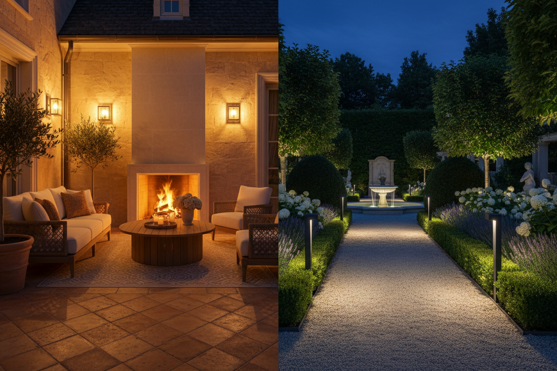 jardin éclairé la nuit – contraste lumière chaude 2700K terrasse et neutre 4000K allée