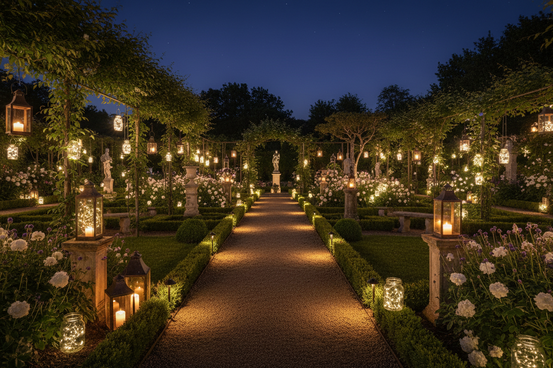 Pergola en bois éclairée par une guirlande LED guinguette au crépuscule – ambiance chaleureuse jardin extérieur