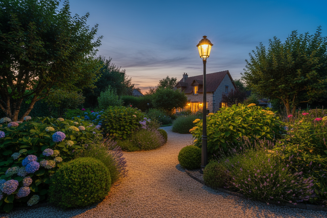 Lampadaire solaire élégant le long d'un chemin de jardin résidentiel, lumière LED dorée au crépuscule, végétation verte et gravier.