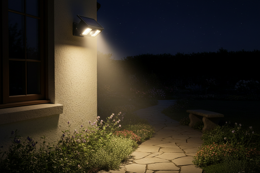 Lampe solaire avec détecteur de mouvement sur mur extérieur – faisceau LED sécurité jardin nuit