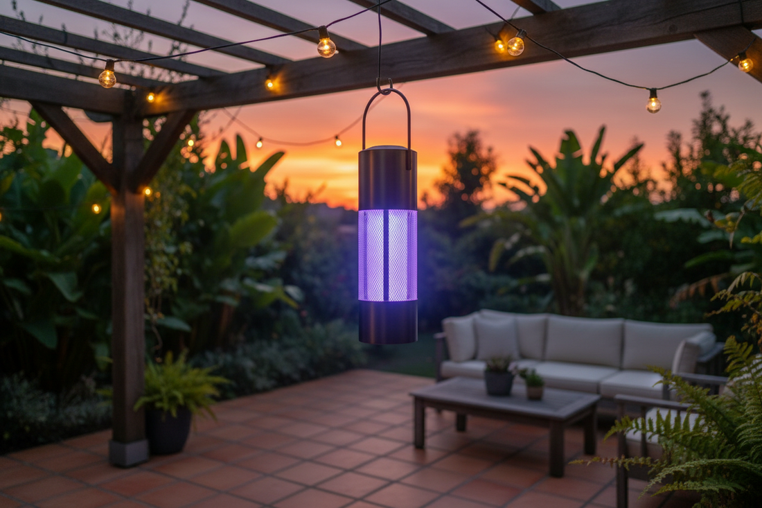 Lampe anti-moustiques UV lumière bleue-violette suspendue sur une terrasse extérieure au crépuscule