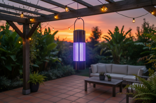 Lampe anti-moustiques UV lumière bleue-violette suspendue sur une terrasse extérieure au crépuscule