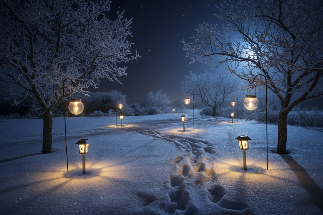 Lampe solaire extérieure en hiver sous faible ensoleillement – panneau monocristallin neige jardin