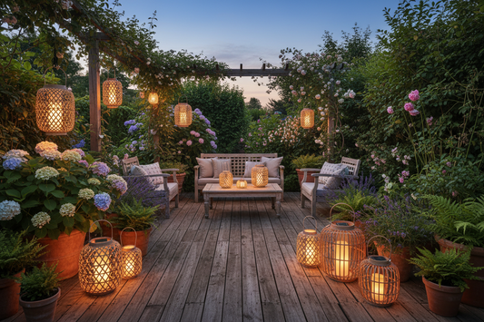 lanternes solaires terrasse jardin – ambiance chaleureuse lumière ambrée
