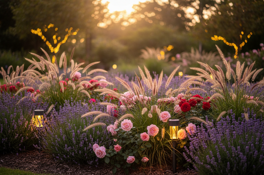 Massif de lavande, roses et graminées ornementales éclairés par des lampes piquets solaires en lumière chaude dorée, ambiance douce et intimiste au crépuscule.