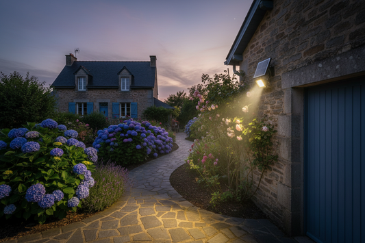 Projecteur solaire avec panneau séparable monté sur mur de garage, faisceau orienté sur chemin d'accès latéral, jardin verdoyant en arrière-plan