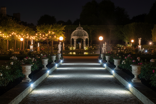 Allée de jardin éclairée la nuit avec bornes LED – guide puissance lumens éclairage extérieur