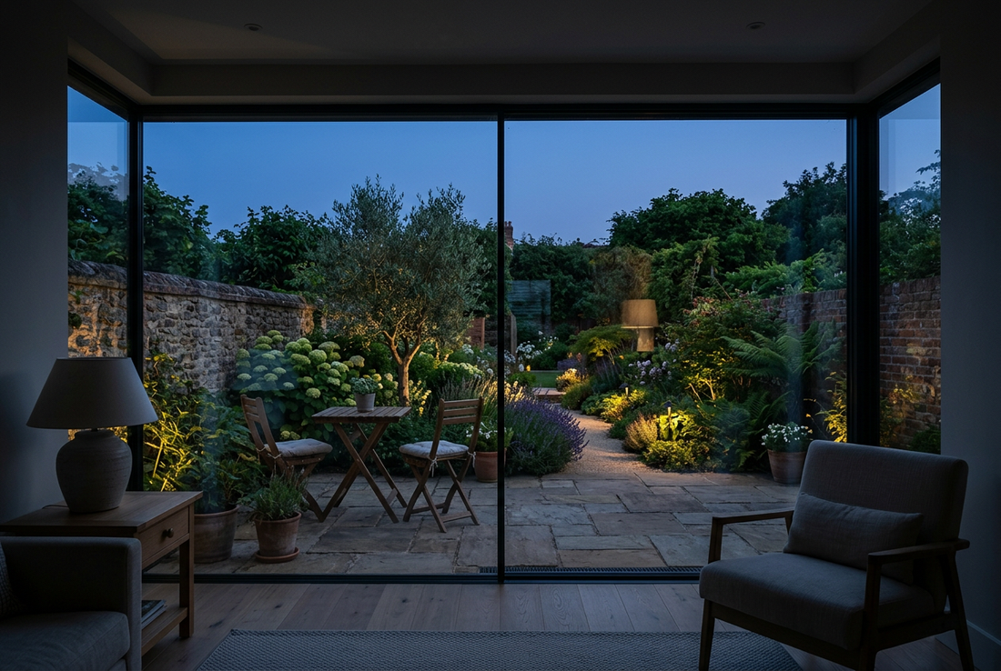 Jardin et terrasse éclairés par touches vus à travers une grande baie vitrée depuis un salon au crépuscule.