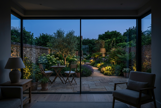 Jardin et terrasse éclairés par touches vus à travers une grande baie vitrée depuis un salon au crépuscule.