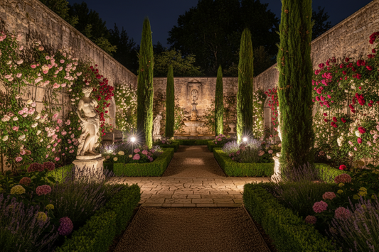 Guirlandes lumineuses LED en zigzag sous pergola bois – ambiance chaleureuse terrasse extérieure la nuit