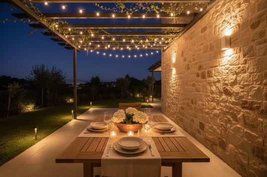 jardin de manoir éclairé la nuit – appliques LED façade, bornes allée et terrasse chaleureuse 2700K