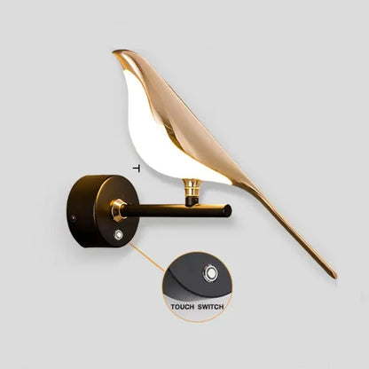 Applique murale LED design en forme d'oiseau avec support rotatif et interrupteur tactile pour un éclairage moderne