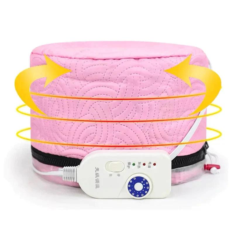 Bonnet chauffant pour cheveux en rose, doté d'un dispositif de réglage de température pour un soin capillaire optimal