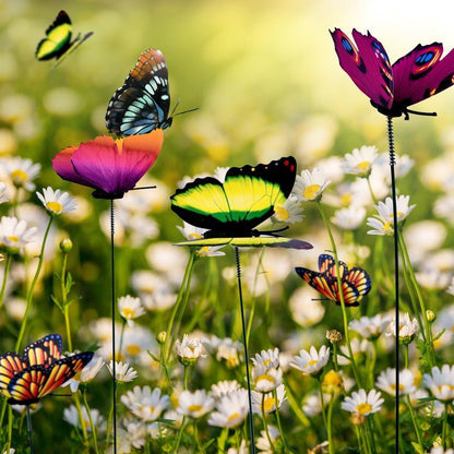 Bouquet de papillons multicolore en fleurs, avec des motifs vibrants sur fond de fleurs blanches dans un jardin ensoleillé