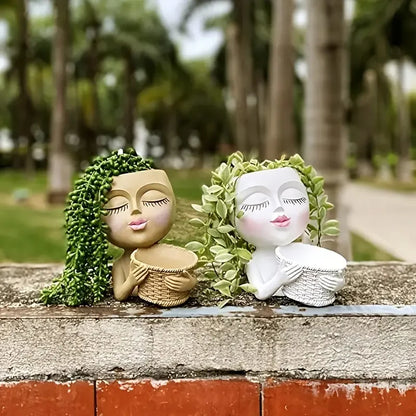 Pot de fleur original pour plantes avec visages artistiques aux cheveux verts, idéal pour la décoration intérieure