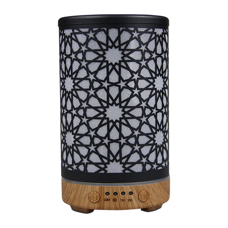 Diffuseur huiles essentielles marocain avec motif étoilé, bois naturel et fonctionnalités de minuterie pour une ambiance apaisante