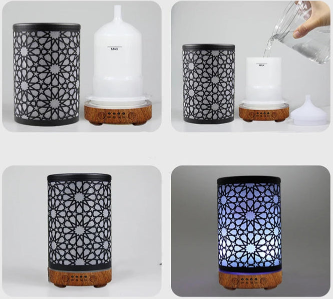 Diffuseur huiles essentielles marocain avec un design élégant en bois et motifs floraux, parfait pour ajouter de l'ambiance