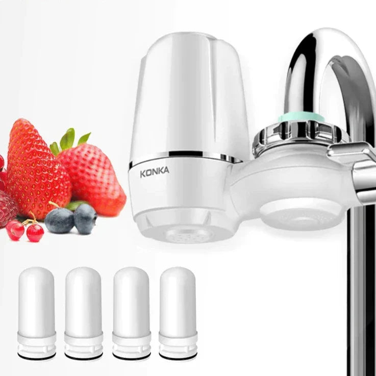 Filtre eau robinet élégant avec plusieurs cartouches et image de fruits fraîchement lavés, idéal pour une eau pure