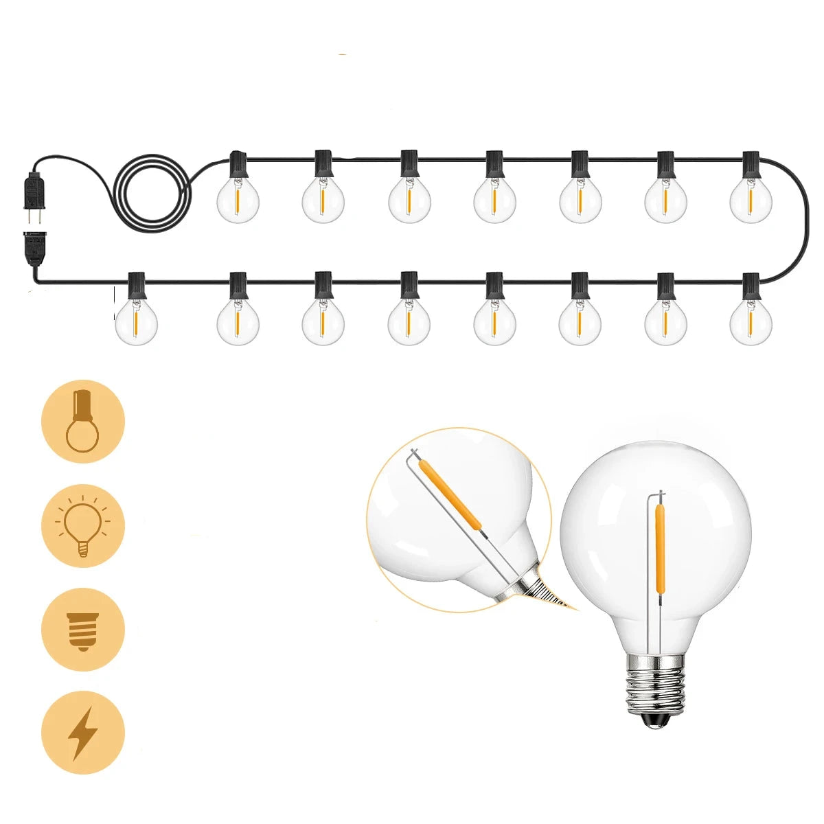 Guirlande lumineuse LED extérieure avec ampoules transparentes et câble noir, idéale pour soirées festives en extérieur