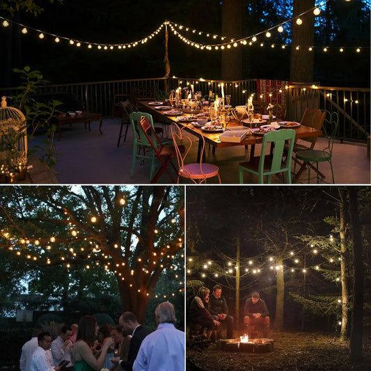 Guirlande lumineuse LED extérieure créant une ambiance festive, illuminant les repas et rencontres en plein air pendant la nuit