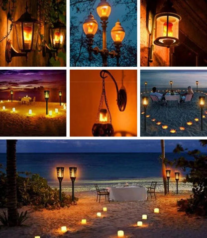 Ampoule imitation flamme créant une ambiance chaleureuse dans des lanternes et lampadaires en extérieur au coucher du soleil