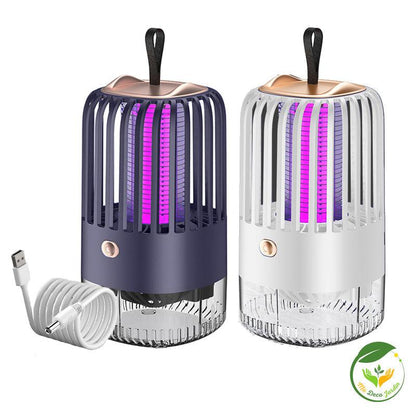Lampe anti moustique USB avec éclairage violet, disponible en blanc et noir, idéale pour un usage intérieur et extérieur.
