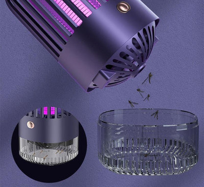 Lampe anti moustique rechargeable en violet avec grille attrape-insectes et éclairage efficace.