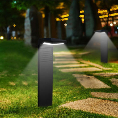 Lampe solaire jardin HiMISS™ moderne en noir, illuminant un chemin dans un jardin verdoyant avec une ambiance accueillante